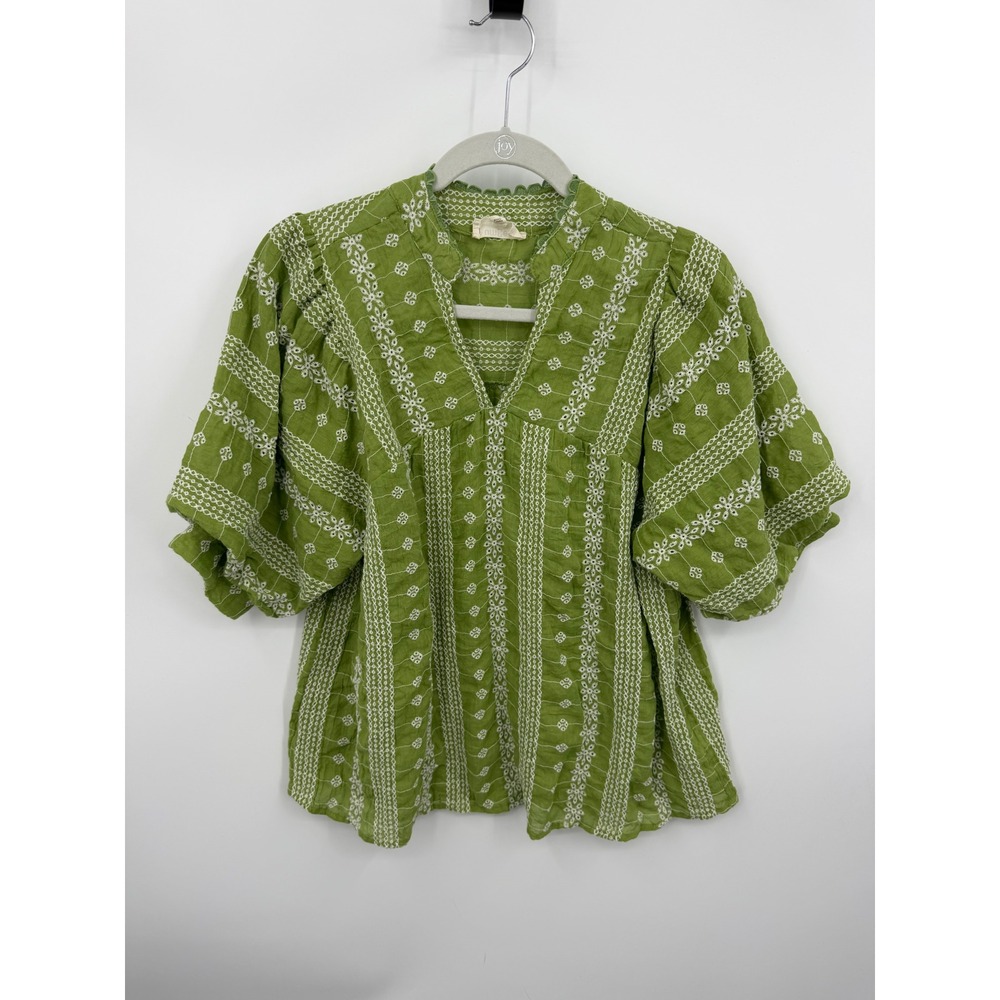 Umgee C4327 Embroidered Blouse Womens S Green White Puff Sleeve Boho Top